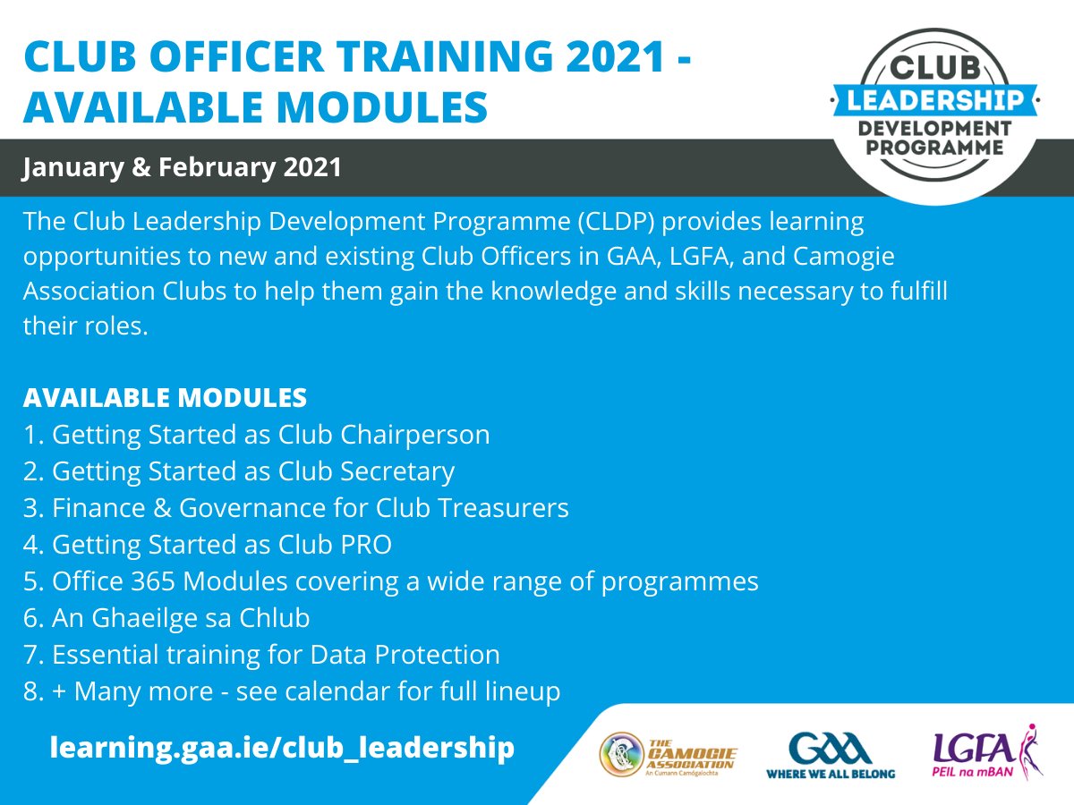 🚨Register now for Club Officer Training Modules in January &amp; February 2021!
🖥️Register for events here - learning.gaa.ie/officertrainin…
🙋‍♀️Open to all <a href="/officialgaa/">The GAA</a> <a href="/LadiesFootball/">Ladies Football</a> <a href="/OfficialCamogie/">The Camogie Association</a> members!