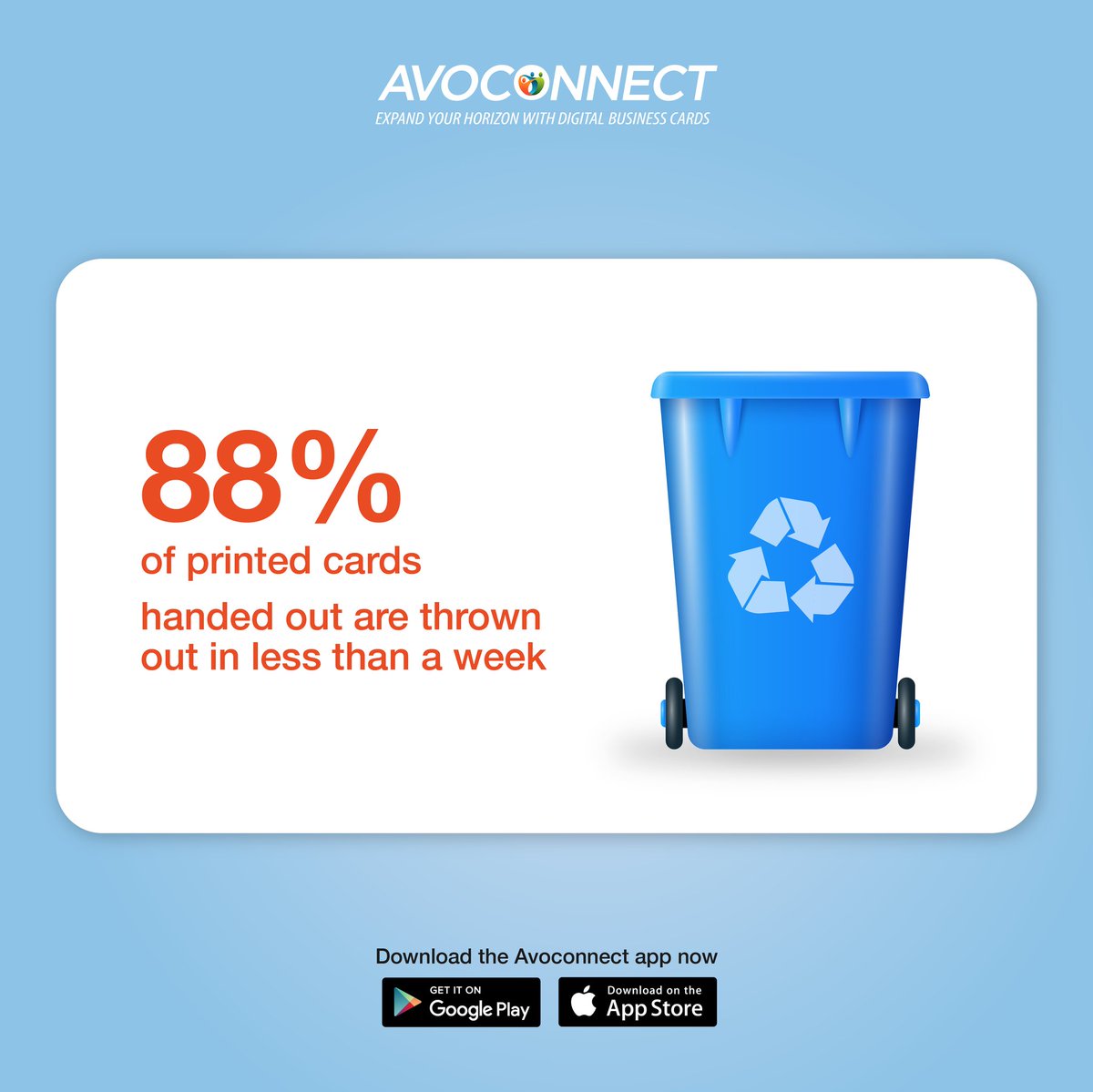 avoconnectapp's tweet image. Annually 50-60 billion cards are printed out of which 45-50 billion are thrown into landfills. These can be stopped by increasing the use of Digital Visiting cards. Save Trees, Save Environment, Become Environment- friendly.
Get your free Vcard now!

avoconnect.com/vcard