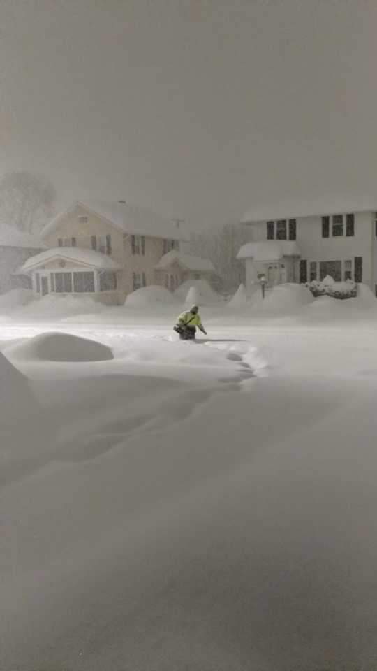 lisapr1113's tweet image. Near Binghamton, NY here .. nearly 3 ft. and still snowing. My nephew in the road walking to the town garage to plow at 2 am. It's still snowing!