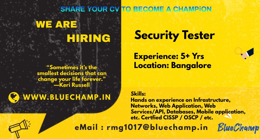 BlueChampJobs's tweet image. Finding a job is easy by sharing resume to rmg1017@bluechamp.in

#SecurityTester #CISSP #OSCP