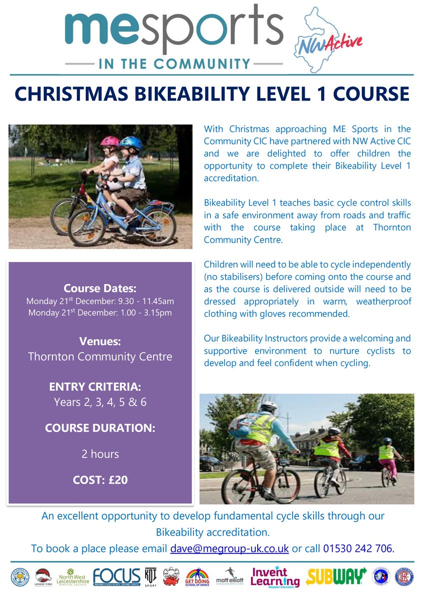 MESportsCIC's tweet photo. Is your child hoping to receive a Bike from Santa?
Missed out on Bikeability because of the pandemic?
ME Sports in the Community CIC are delighted to be able to offer parents the chance for their children to undertake Bikeability accreditation through our approved scheme. https://t.co/AoQYMcyQqL