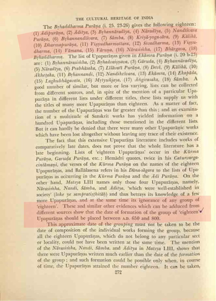 53/102A second theory places Viṣṇu Purāṇa among 18, possibly more, Upapurāṇas and dates the whole collection to between 650 and 800 AD. This was forwarded by Sachivottama Sir Chetput Pattabhiraman Ramaswami Iyer, a Raj-era historian, bureaucrat, and lawyer.