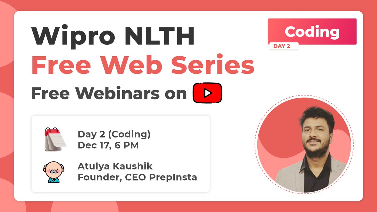 prepinsta's tweet photo. Day 2 (Coding) of the free Wipro NLTH webinar series on Youtube at 6:00 PM.
Come along as we discuss more about coding questions, syllabus and the new adjustments that can be expected. 🤓✌️
Link to Join - https://t.co/coTggcGK5N
#Jobs #wipro #NLTH #careers #freshers #hiring https://t.co/wcxAIyVCT2
