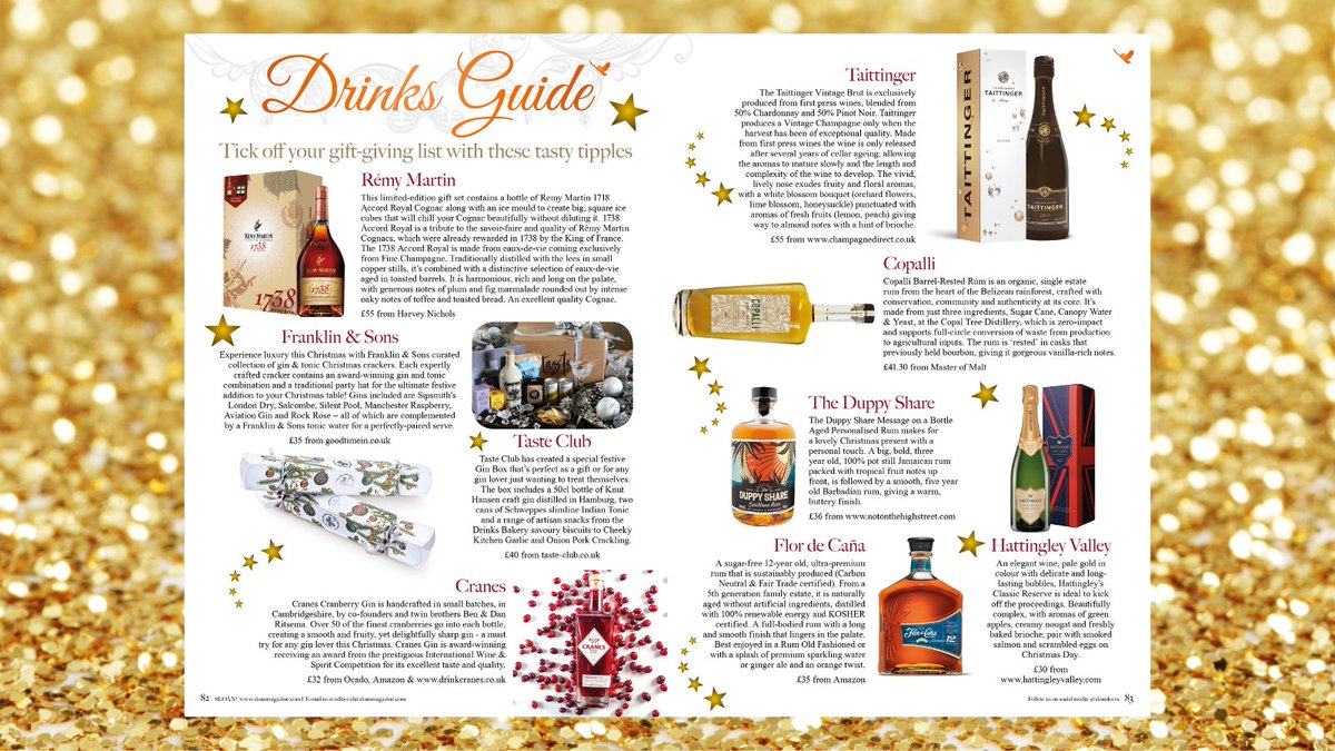 preneur_world's tweet photo. As seen in SLOAN! Food & Drink - Tick off your gift-giving list with tasty tipples from @RemyMartinUK @TaittingerUK @hattingleywines @FranklinandSons @CranesDrinks @tasteclubltd @theduppyshare #CopalliRum @flordecanarum #Christmas #GiftGuide #DrinksGuide https://t.co/i50TsXFeiW https://t.co/L09LNCVVfc