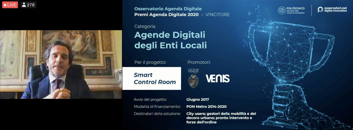 Osserv_Digital's tweet photo. Paolo Bettio racconta il progetto Smart Control Room , vincitore nella categoria "#AgendeDigitali degli Enti Locali" @cittadivenezia @venis_spa #oad20 #premiagendadigitale2020 https://t.co/kHR3mGPI3z