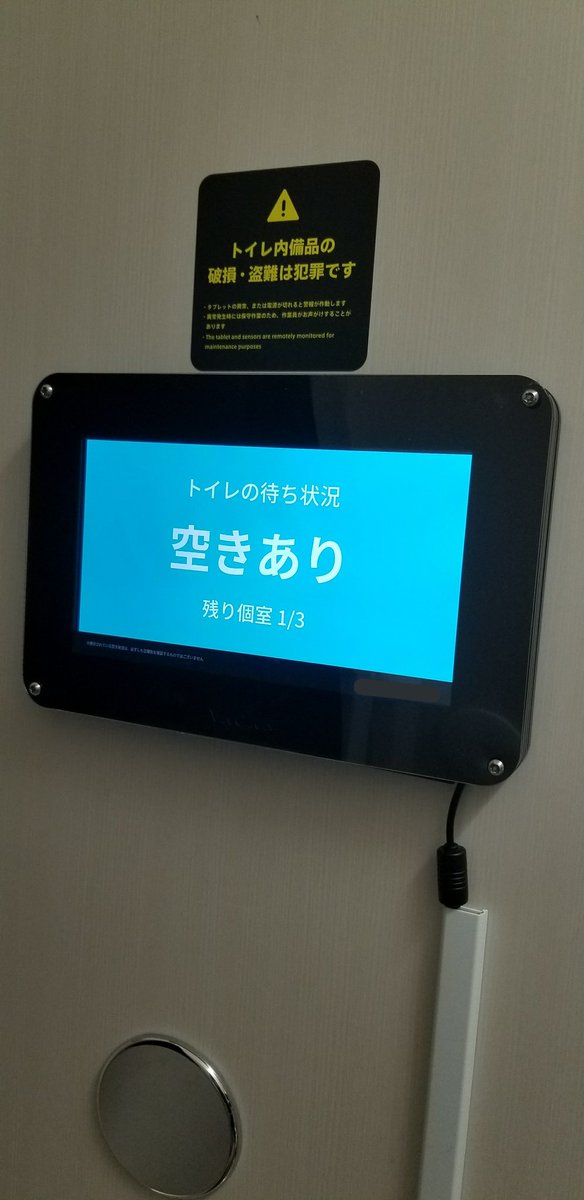 denpa893's tweet photo. トイレに行ったらタブレット設置してあって、初めは広告とか流れてたんだけど、トイレの空き個室が少なくなると煽ってきた https://t.co/vLTkroIkZC