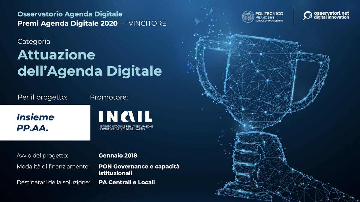 Osserv_Digital's tweet photo. Vince il premio per la categoria "Attuazione dell’#AgendaDigitale" @inail_gov per il progetto "Insieme PP.AA." #PremiAgendaDigitale #oad20 https://t.co/wJ5SVdkC48