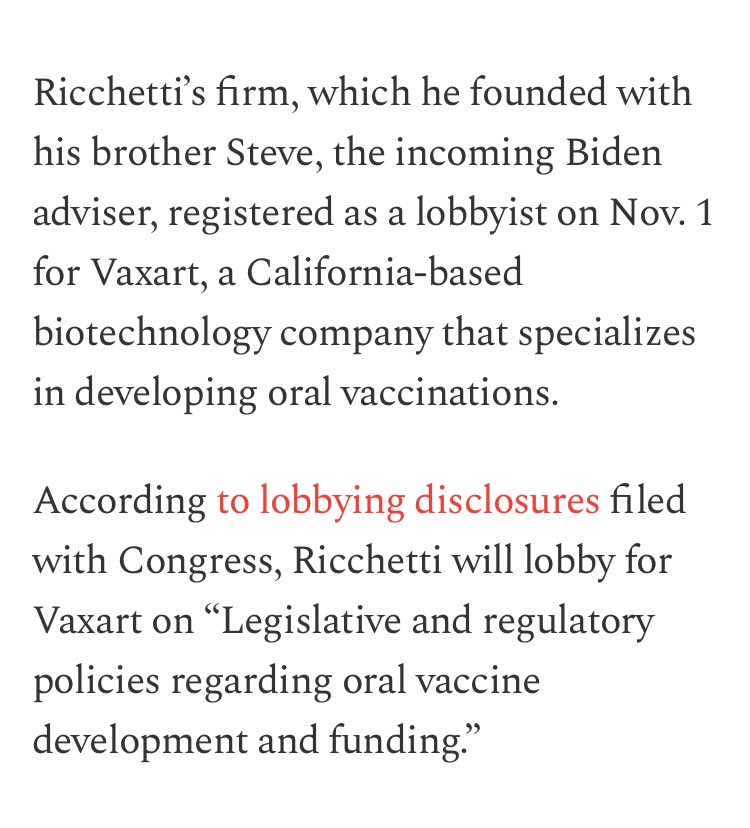 Apparently Vaxart just hired a lobbyist named Jeff Ricchetti, whose brother will be the top White House counselor to President elect Joe Biden  $VXRT