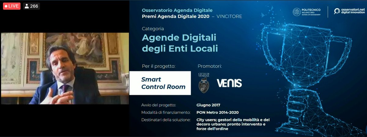 venis_spa's tweet photo. Paolo Bettio ha presentato il progetto #SmartControlRoom vincitore del premio "#AgendeDigitali degli Enti Locali" riconosciuto da @Osserv_Digital e @polimi #innovazione #Venezia #digitale @cittadivenezia @CMVenezia #oad20 #premiagendadigitale2020 https://t.co/2bqeJZEEUW