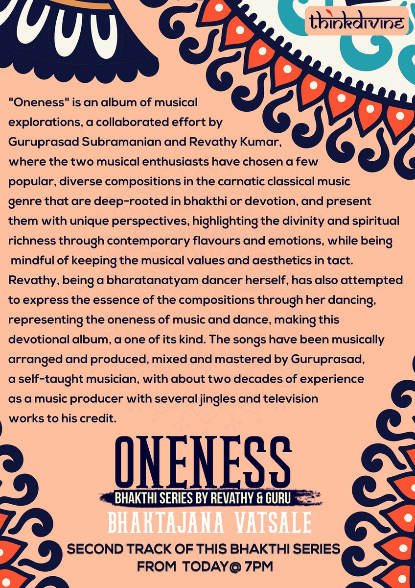 ThinkDivineOff's tweet photo. #ClassicalUtsav #DecemberSeason
#MargazhiUtsav #Abhang

Presenting the second single #BhaktaJanaVatsale from the Bhakthi series #Oneness by @RevathyKumar15 and @gpsguruprasad ✨
Full Music Video releasing today 7 PM!
Stay tuned!! https://t.co/O2U9pCBtDo