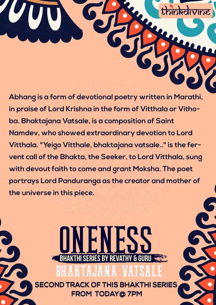 ThinkDivineOff's tweet photo. #ClassicalUtsav #DecemberSeason
#MargazhiUtsav #Abhang

Presenting the second single #BhaktaJanaVatsale from the Bhakthi series #Oneness by @RevathyKumar15 and @gpsguruprasad ✨
Full Music Video releasing today 7 PM!
Stay tuned!! https://t.co/O2U9pCBtDo