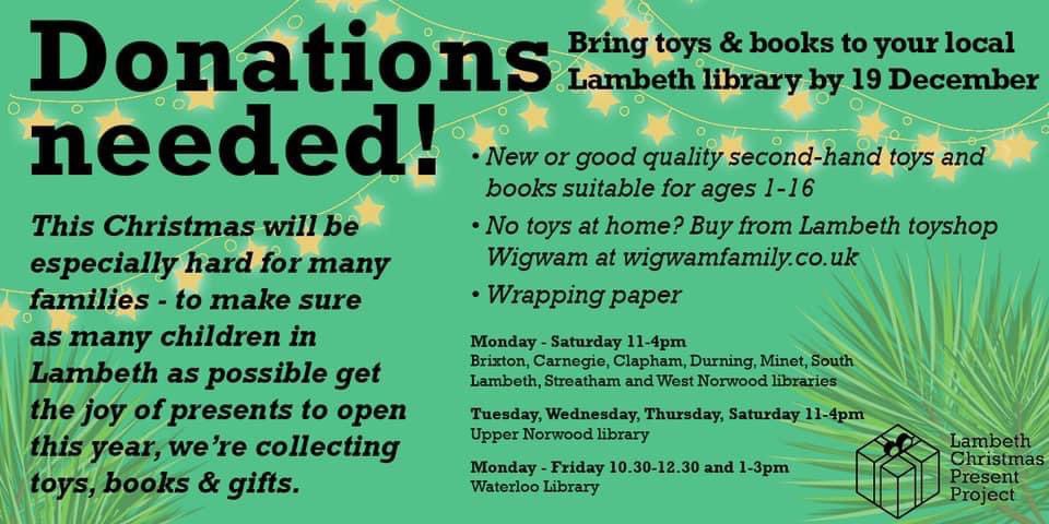 Libraries across Lambeth are collecting toys, books &amp; other gifts all week to distribute to local families.

They particularly need more presents for teenagers.

Please help to make sure no child in Streatham goes without a gift to unwrap this Christmas 🎁