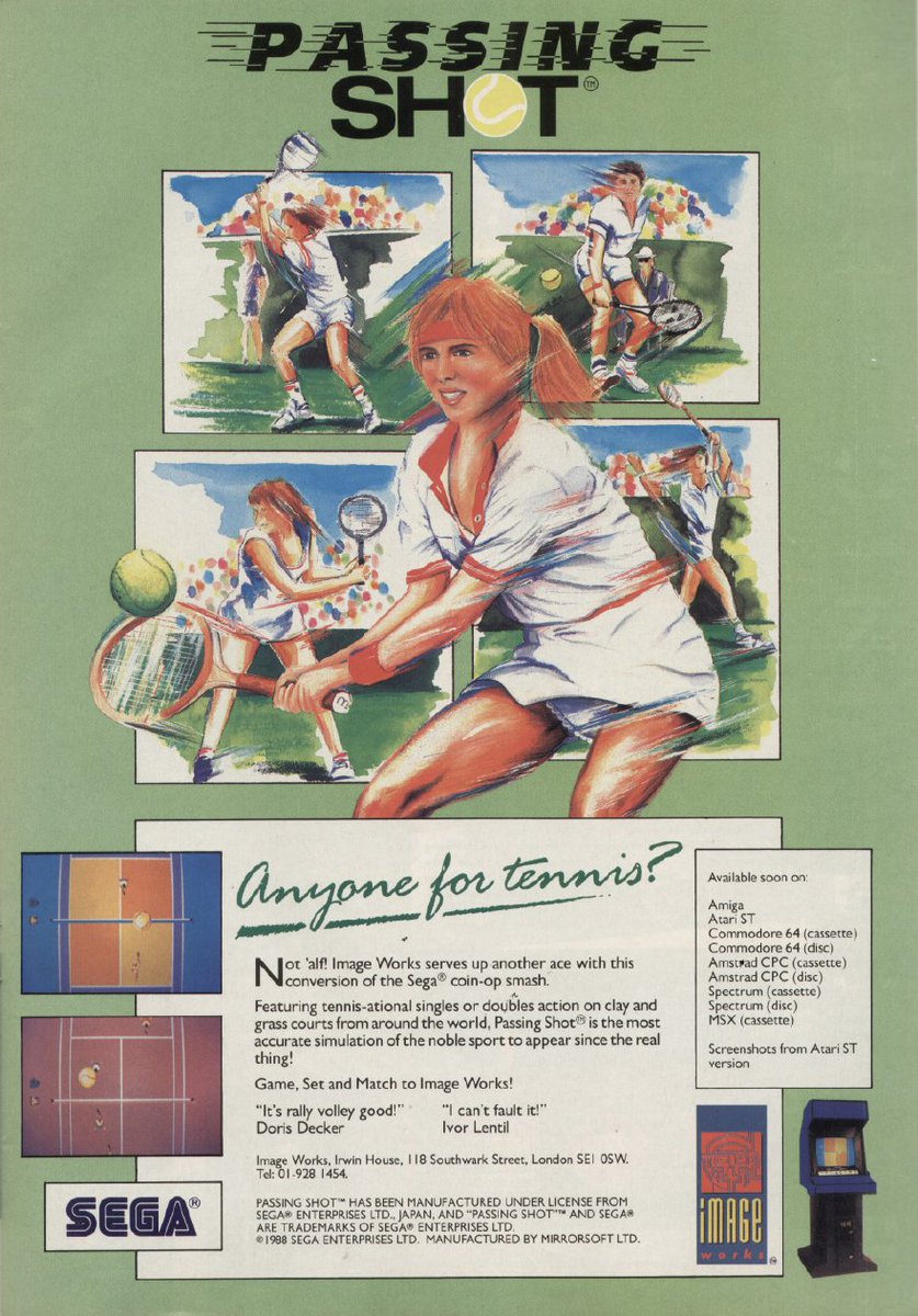 TakodanTweets's tweet image. Ad for 'Passing Shot' by #ImageWorks #Sega for #Commodore #C64 #Amiga #AtariST #MSX #AmstradCPC and #ZXSpectrum
