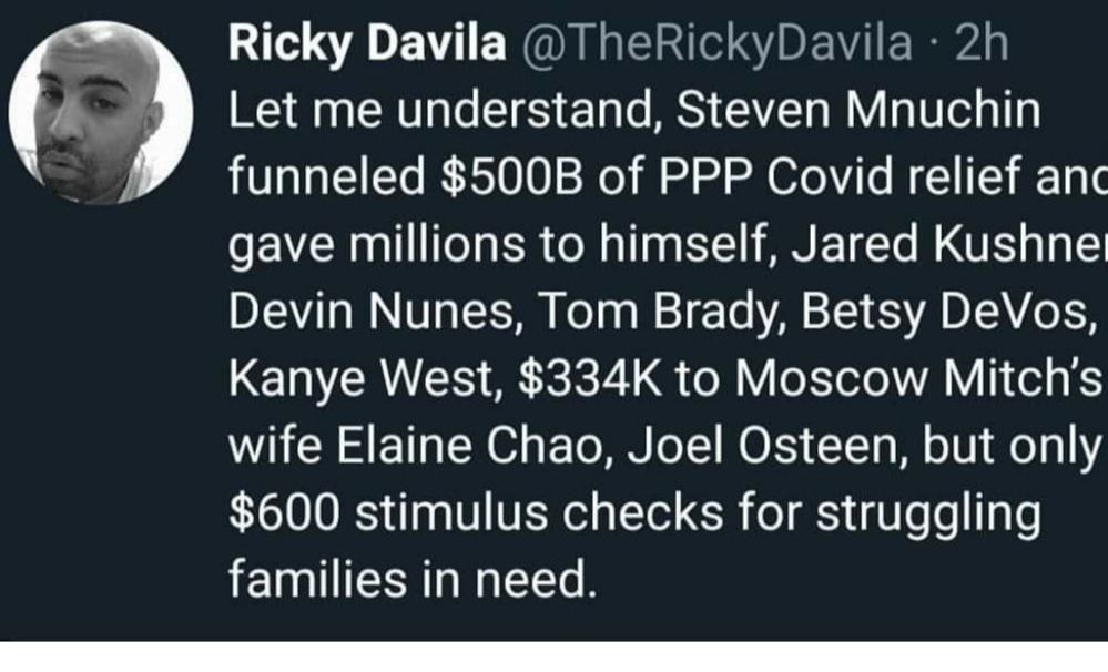 irishlass964's tweet photo. @cookiehooper3 @IvankaTrump No....this is what killed them....they didn't get the financial support they deserved because this conman, his family and cronies stole from small businesses https://t.co/Coe1Gzkfvw