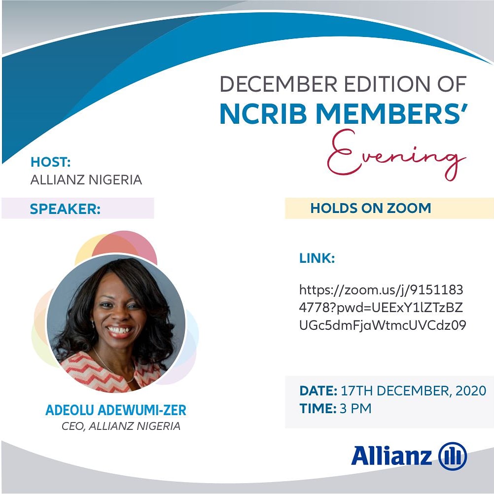 SanlamAllianzNG's tweet photo. At Allianz we believe in partnerships that drive the growth of our industry.
Allianz Nigeria is proud to host December's NCRIB members' evening. Join Adeolu Adewumi-Zer as she shares business and economic insights for 2021.
#AllianzNigeria
#Insurance
#InsuranceBrokers
#NCRIB https://t.co/bcKbtfv95g