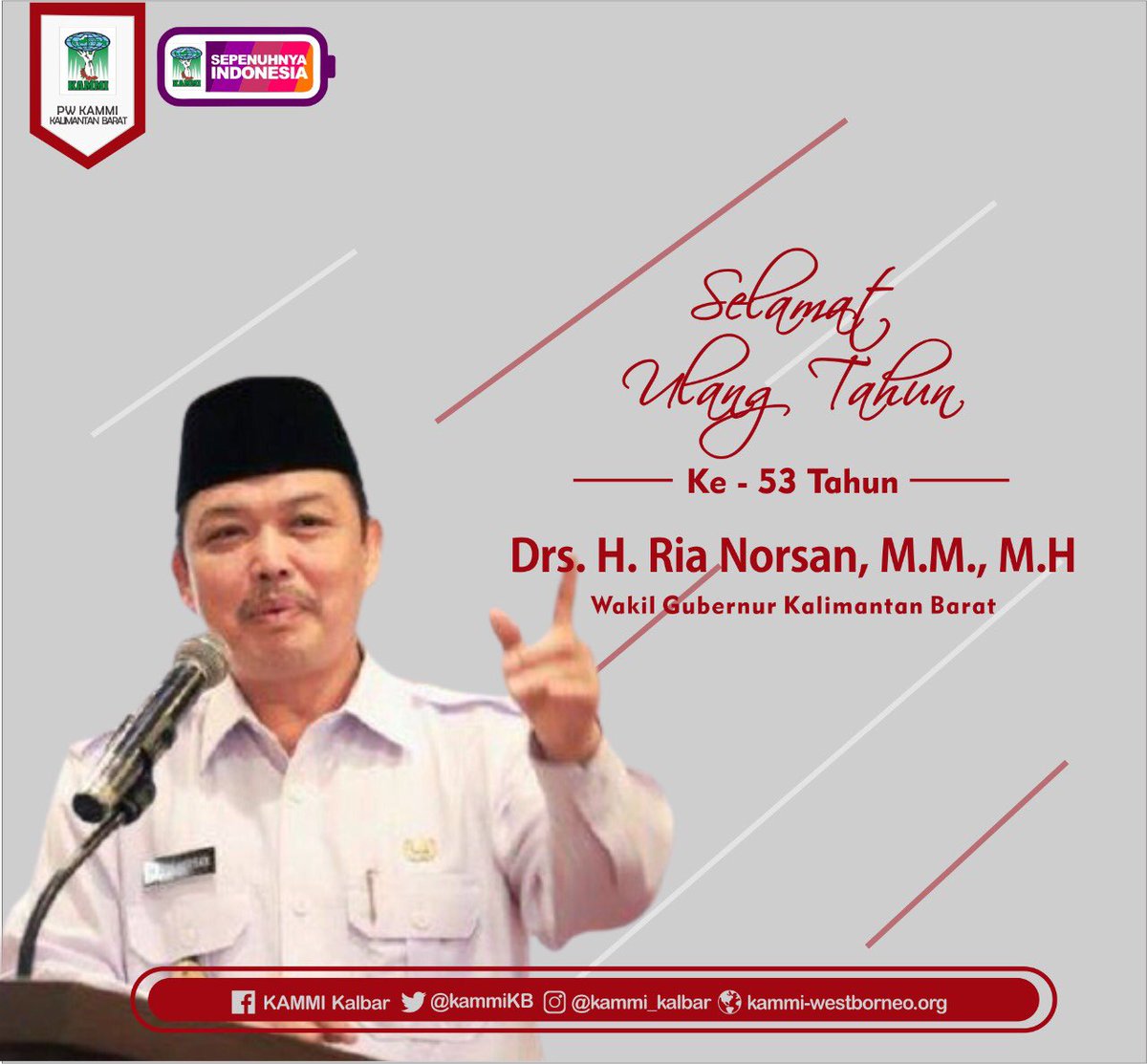 kammiKB's tweet photo. Barakallah Fii Umrik

Selamat ulang tahun ke - 53
Bapak Drs. H. Ria Norsan, M. M., M. H @RiaNorsan 
Wakil Gubernur Kalimantan Barat.

Semoga senantiasa diberikan kesehatan dan kekuatan untuk memimpin dan membangun Kalimantan Barat.

#PWKAMMIKalbar
#sepenuhnyaindonesia https://t.co/3m6PDTXwsV
