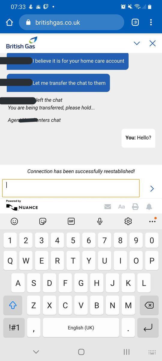 McsheehyL's tweet photo. @BritishGas Been like this for twenty minutes. I'm not sure this agent knows they joined the chat..... or is getting a cuppa. https://t.co/0jmM8Leud2