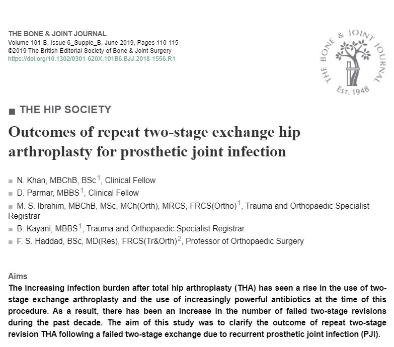 BoneJointJ's tweet photo. "The rate of failure and complication rate of repeat two-stage exchange total hip arthroplasty for prosthetic joint infection is high and new methods of treatment...should be investigated" https://t.co/JNnfeJgJ2K #hip #arthroplasty #orthopedics #orthotwitter @bjjeditor https://t.co/QpbxdxG2gG