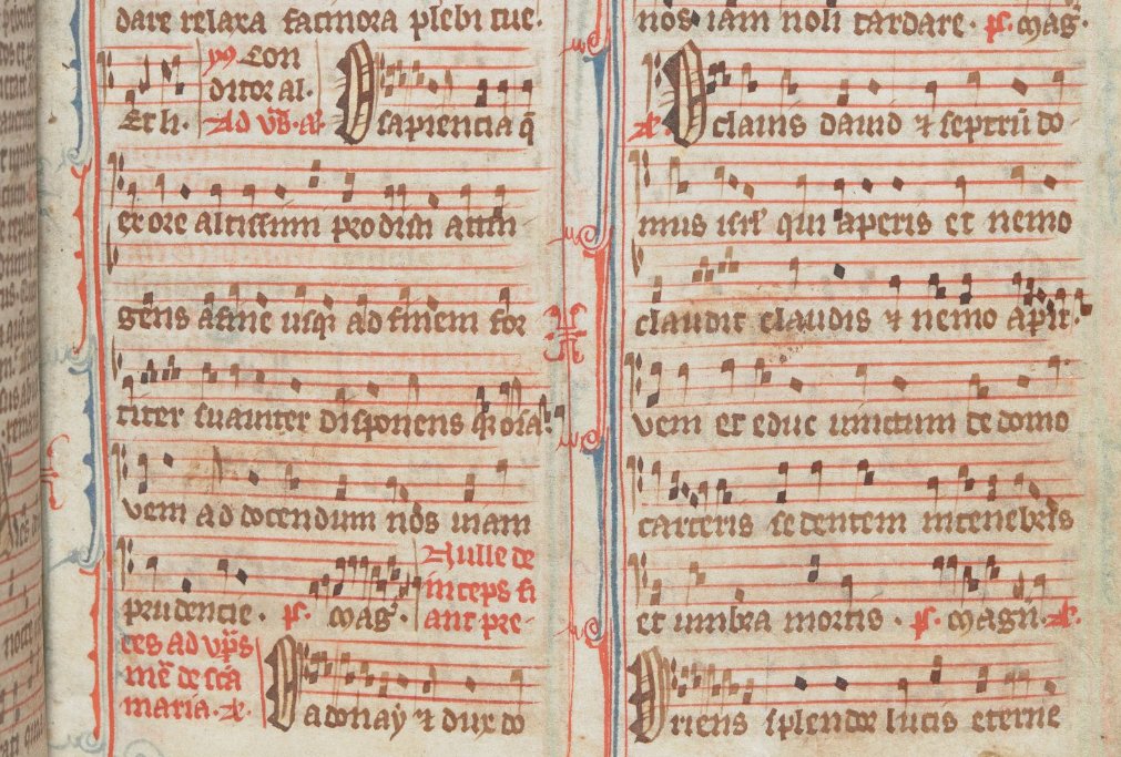 A 14th-century translation of 'O Sapientia':Thou wysdom that crepedest out of Godes mouthe,That rechest fram est to west, fram north to south,That alle thynges madest throw thy myght,Come to tech us the wey of flyght.(Image: the O Antiphons,  http://bl.uk/manuscripts/Viewer.aspx?ref=add_ms_52359_fs001r f. 27)