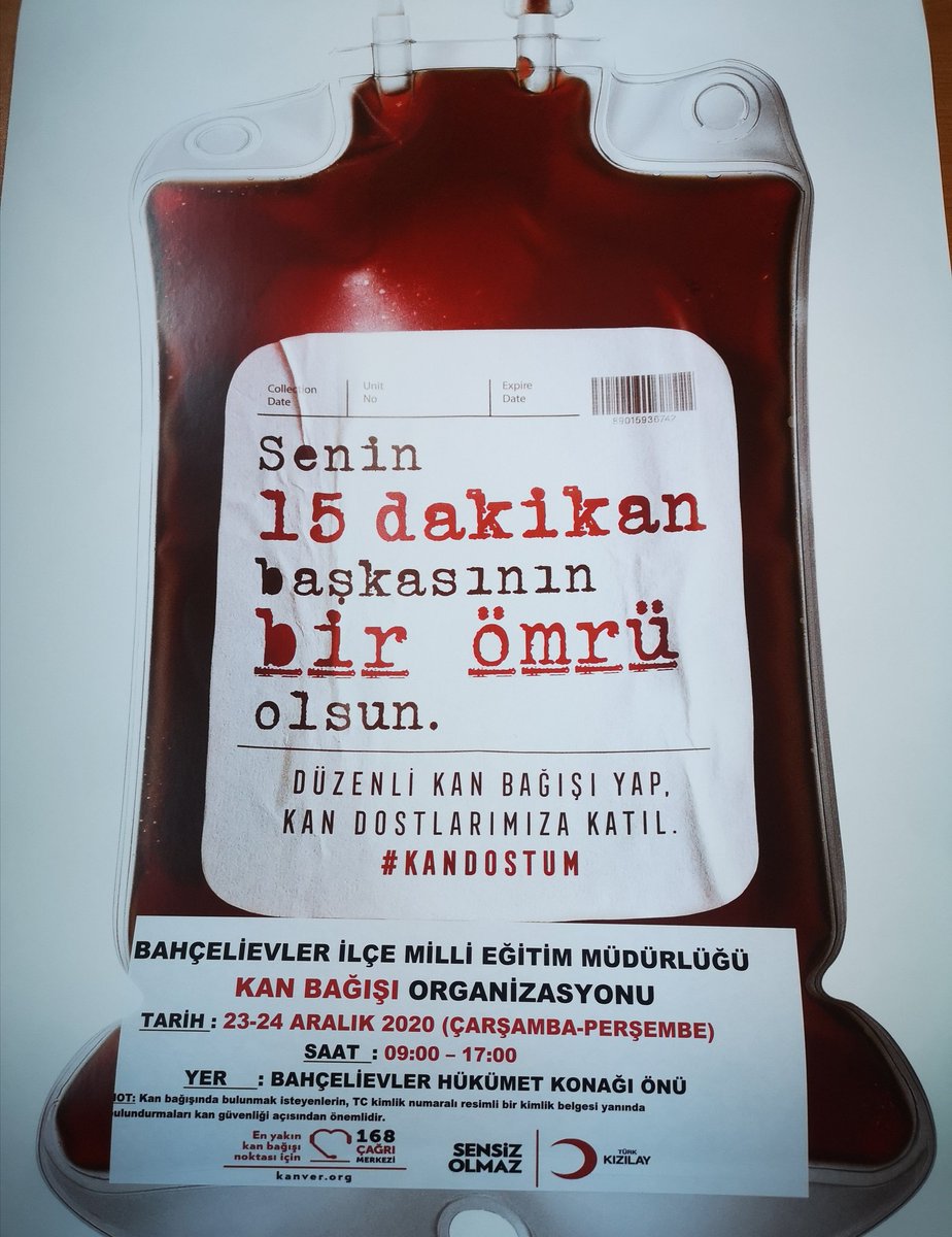 bahcelievlermem's tweet photo. KAN VER CAN VER
5.sini organize ettiğimiz kan bağışı kampanyamıza, tüm veli, öğretmen ve 18 yaş üstü öğrencilerimizi bekliyoruz.
Tarih:23-24 Aralık 2020
Yer: Hükümet Konağı önü
Saat:09.00-17.00
#Kandostum
@tcmeb @ziyaselcuk @istanbulilmem @memleventyazici 
@kizilay @EminCikrikci https://t.co/mDne1gZImE