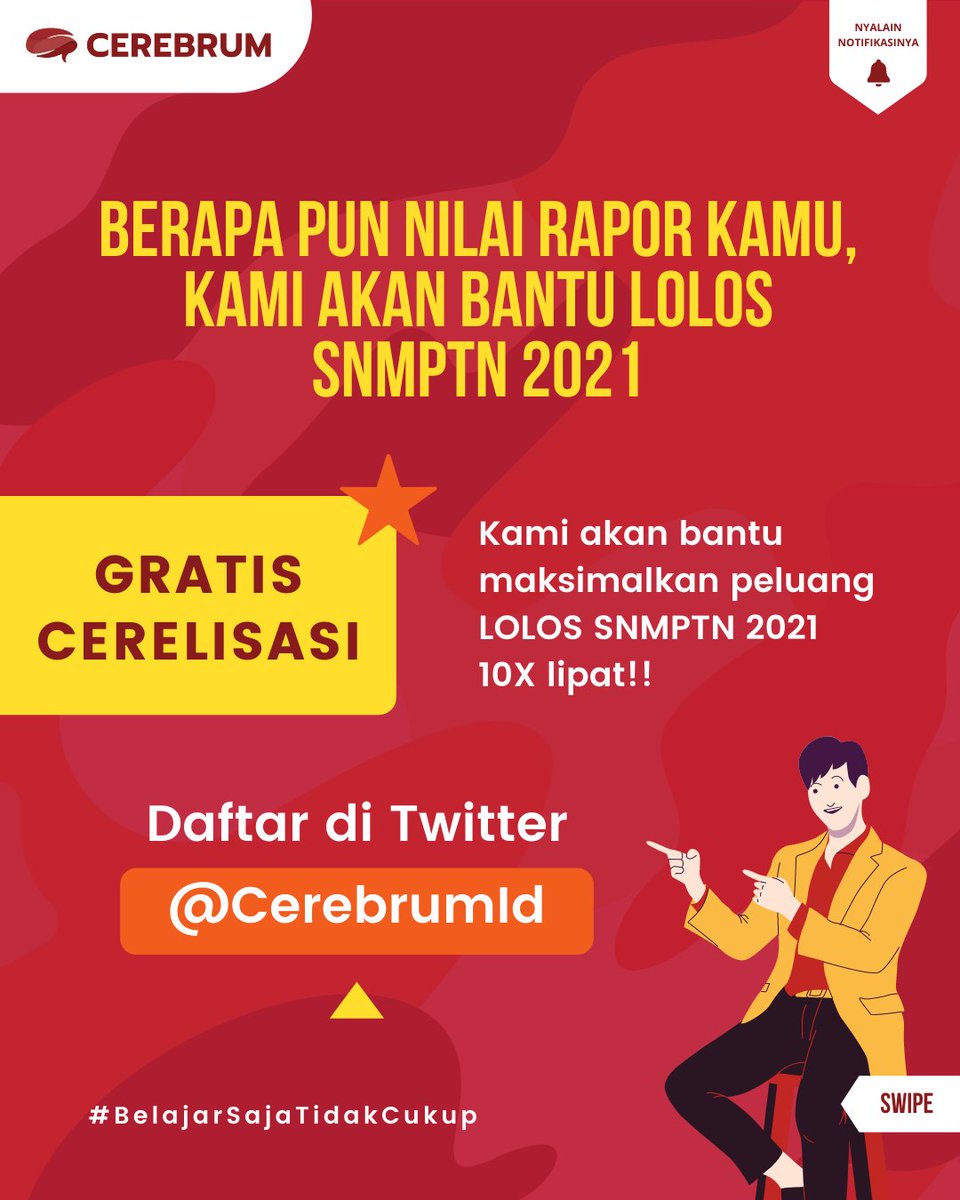 cerebrum_id's tweet photo. Berapapun Nilai Rapormu, Kami Bantu Lolos SNMPTN 2021
.
Yuk ikutan Cerelisasi! Semakin banyak peserta maka data persaingan akan semakin akurat!!! https://t.co/FG5n97xPFS