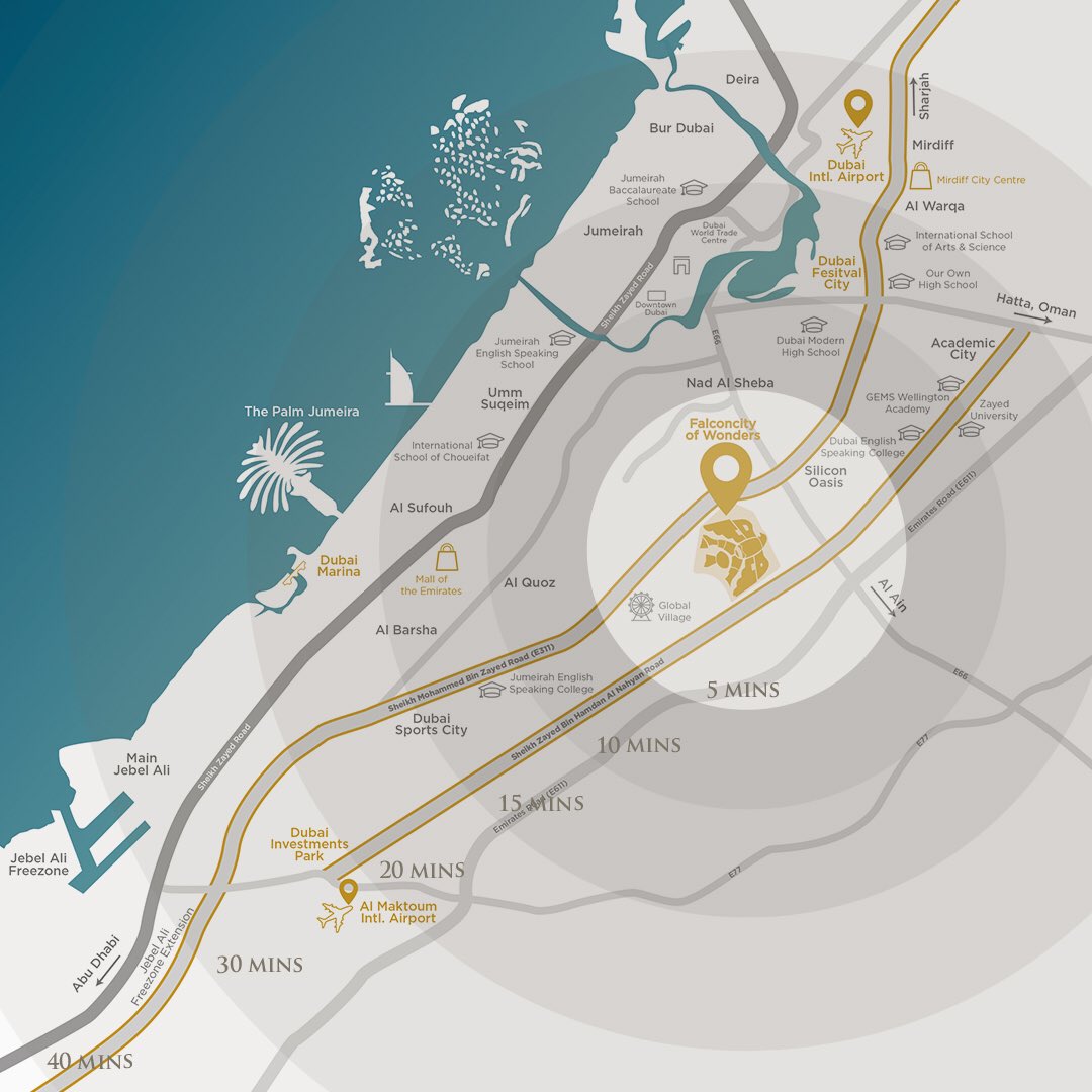 Falconcity’s biggest advantage is the location. It is seamlessly connected to two main highways, with just a 10-minute drive to downtown business hubs as well as important landmarks such as airports, schools and hospitals, and all other tourist attractions of Dubai.

800 FALCON.