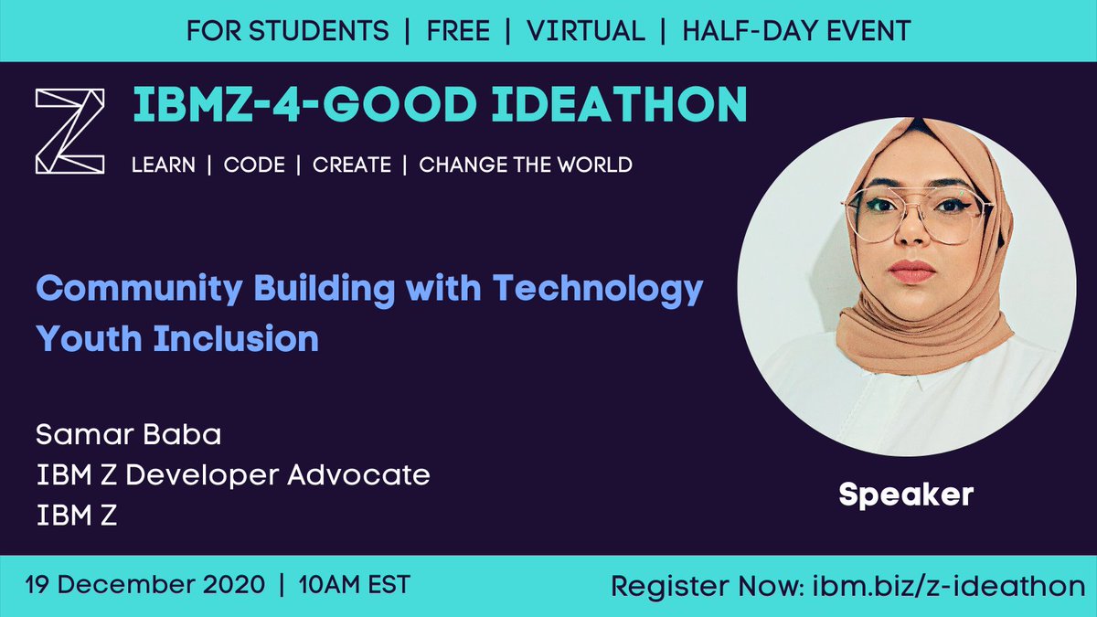 Samar_Baba_'s tweet photo. So excited to be speaking at the #IBMZ4GoodIdeathon.
Join us to learn new tech skills &amp; share them forward in your community. Win $1K, one-year mentorship from @IBM &amp; share the virtual stage with @IBMZ  Execs! Make your winter break matter! 
Register now  https://t.co/nBBm6zjGcT. https://t.co/ZxA2f7ObKu