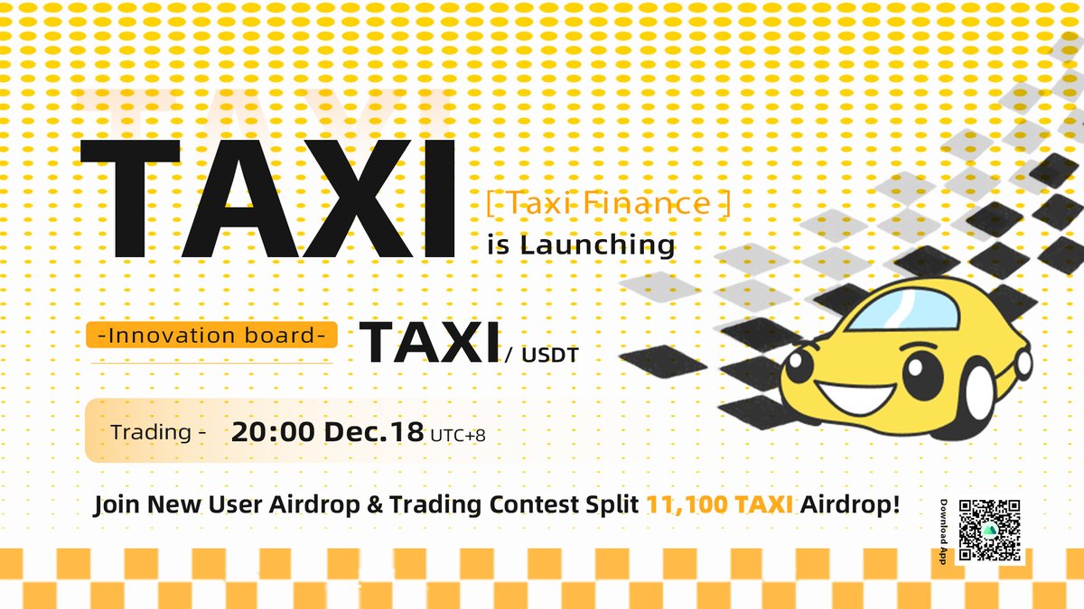 MEXC's tweet photo. 🗣️We are thrilled to announce #MXC_Exchange will be listed @FinanceTaxi, and open trading for $TAXI/USDT pair at 20:00 (UTC+8), Dec.18.
Details: https://t.co/MjKttl52Jf

🎁
🔸Follow @MXC_Exchange&amp; @FinanceTaxi 
🔸RT &amp; like
🔸Tag 3 frd
15 pal * 7 $TAXI each to 18:00(UTC+8), Dec.19 https://t.co/txTD3RInjS
