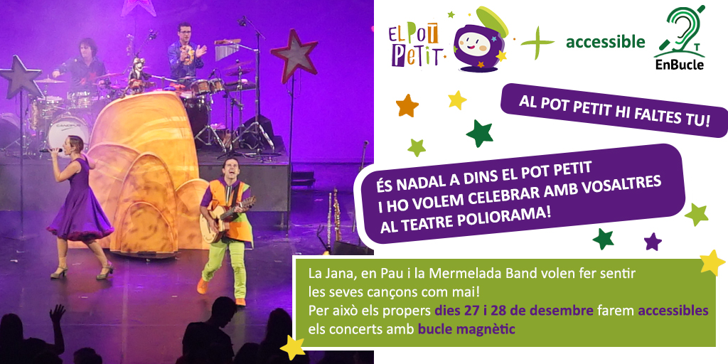 federacioacapps's tweet photo. Genials @elpotpetit i @EnBucleBcn: el 27 i 28 de desembre, el concert És Nadal a dins el Pot Petit accessible amb #buclemagnètic per a infants amb #sordesa amb àudiofons i/o #implantscoclears. Al @teatrepoliorama 
Més info: https://t.co/dfXAKSfw8I https://t.co/hh4yzpaf0z
