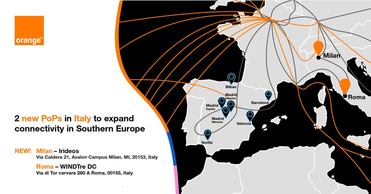 OrangeWholesale's tweet photo. 🌐 #OrangeIC has just opened 2️⃣new #PoPs in Italy - Roma and Milan 🇮🇹. A #Connectivity solution serving our customers' business by providing access to high quality #Network through #IPTransit &amp; EVPL Multiservice PoP. 🔸 Find out more ➡️ https://t.co/IdyYFQKh0N https://t.co/Moavo44L0N