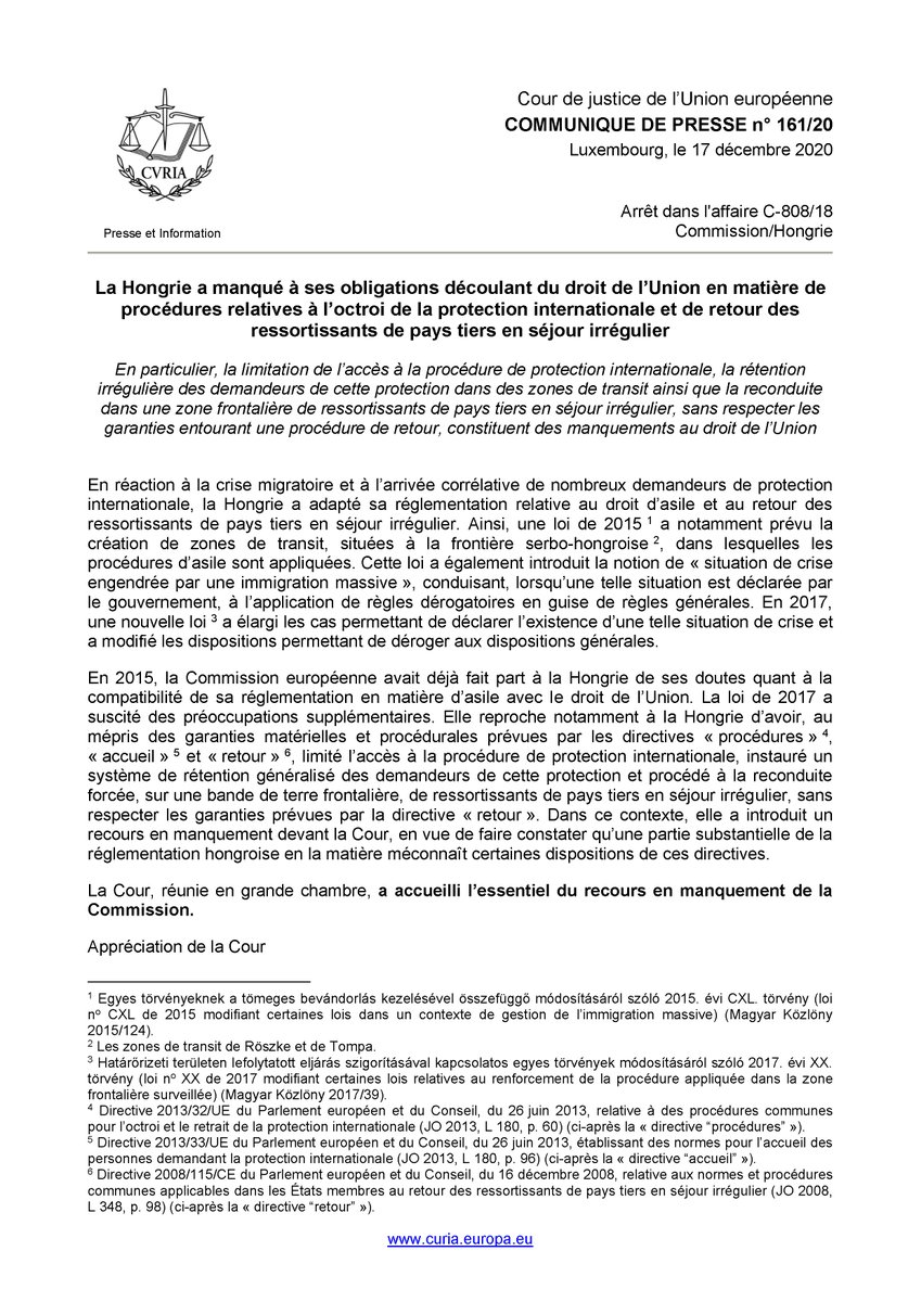 CourUEPresse's tweet photo. #CJUE: la #Hongrie a manqué à ses obligations tirées du droit de l’#UE en matière de procédures relatives à l’octroi de la #protectioninternationale et de retour des ressortissants de pays tiers en séjour irrégulier
https://t.co/VGsRk63Zfn https://t.co/mw9EgoDxzG