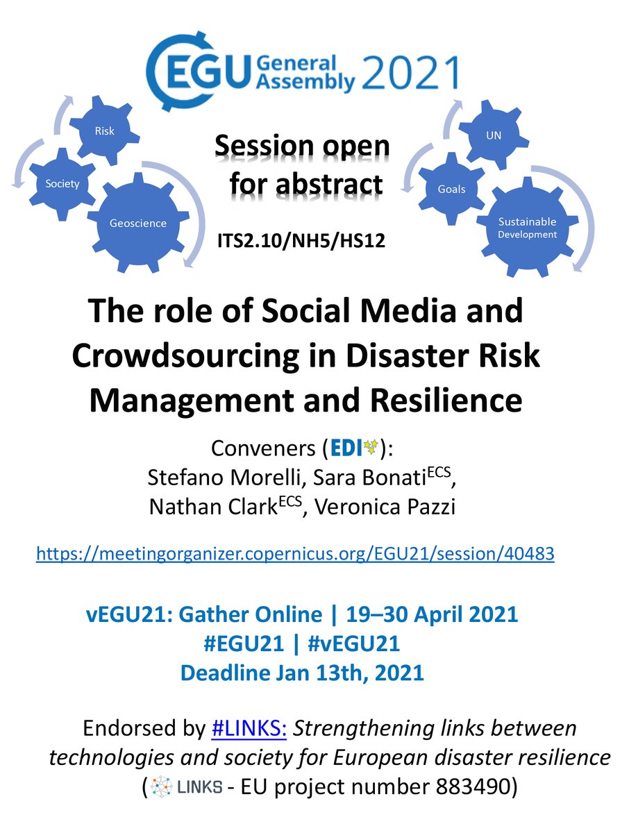 Call for #abstract for #EGU2021 endorsed by #LINKSH2020📑
The role of #SocialMedia and #Crowdsourcing in #DisasterRiskManagement and #resilience 

Deadline: Jan 13th, 2021

urly.it/39cvb