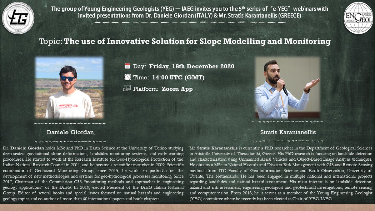 realYEGs's tweet photo. Less than a day for the December "e-YEG" webinar with our invited speakers D. Giordan from Italy and E. Karantanellis from Greece!
Are you ready for slope modeling and monitoring using innovative sensing??
Join us and grab your seat!😎🔝
https://t.co/fqq5uPS2pv https://t.co/venqxgLVzN