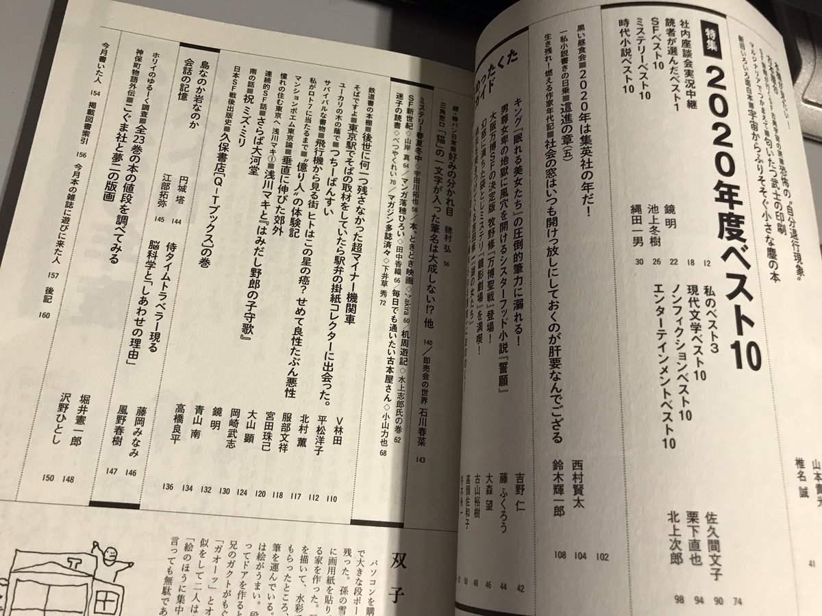 『本の雑誌』1月号、やっと届いた!本の雑誌が選ぶノンジャンルの2020年ベスト10、『どくヤン!』を7位に選んでいただいており、大変ありがたいことです。選評でもかなりべた褒めしてくださっていて恐縮してしまう…。他にも各ジャンルの今年のベスト10があって好きな本を探す参考になりますね。 