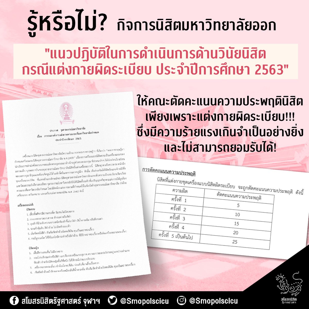 Smopolscicu's tweet photo. [รู้หรือไม่? กิจการนิสิตมหาวิทยาลัยโน้มน้าวคณะให้ลงโทษนิสิตแต่งกายไม่ถูกระเบียบด้วยการตัดคะแนนความประพฤติ]

อ่านเพิ่มเติมได้ที่
https://t.co/qPwK8UwB9W

#ยกเลิกบังคับชุดนิสิต https://t.co/ziwoSeflUp