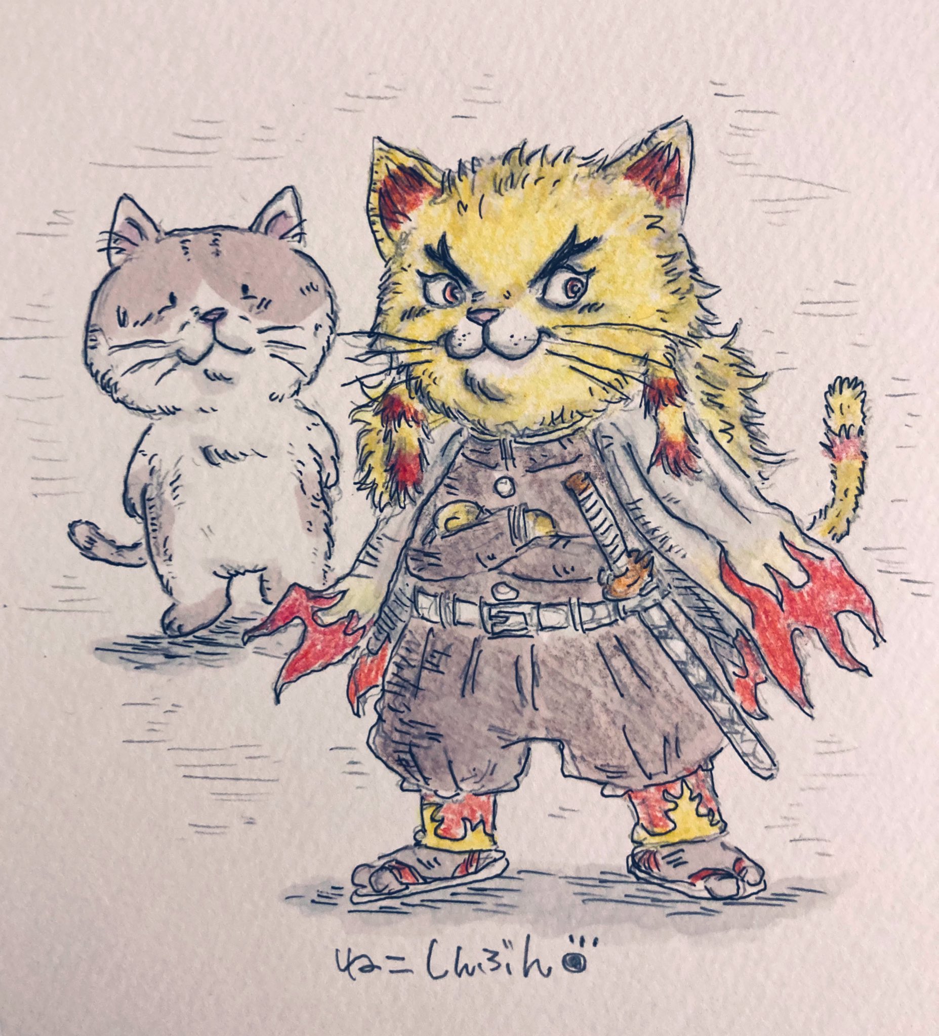 ねこしんぶん カッコいいからって煉獄杏寿郎さんの真似をしちゃった猫くん 煉獄猫くん どう イケてる 茶白猫くん えっ はぁ なんかタイガーマスクみたいっす 絶対飼い主に怒られるよなぁ イラスト アナログ絵 猫イラスト 煉獄杏寿郎