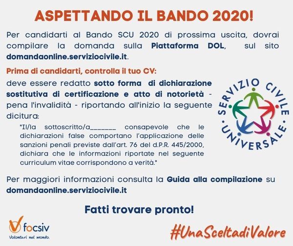 📯 ASPETTANDO IL BANDO 2020: FATTI TROVARE PRONTO!
#SCFOCSIV #UnaSceltadiValore #serviziocivile