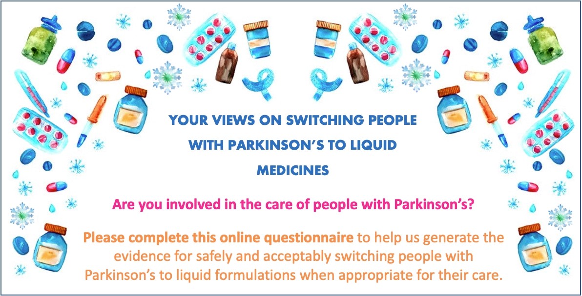 ARC_EoE's tweet photo. Are you a #nurse, #doctor, #SLT or #pharmacist caring for people with #Parkinsons? We want to hear your thoughts on switching people with Parkinson’s from tablets or capsules to liquid versions of their medicines by answering a short questionnaire https://t.co/V1okIQL2mT https://t.co/uHmlb9Mrtx