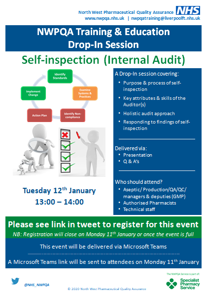 NHS_NWPQA's tweet photo. Our next online drop-in training session 'Self-inspection (Internal Audit)' will take place on Tuesday 12th January! Please follow the link below to register using your NHS email address: https://t.co/UZ77BIddAb https://t.co/1U9YVQebVP