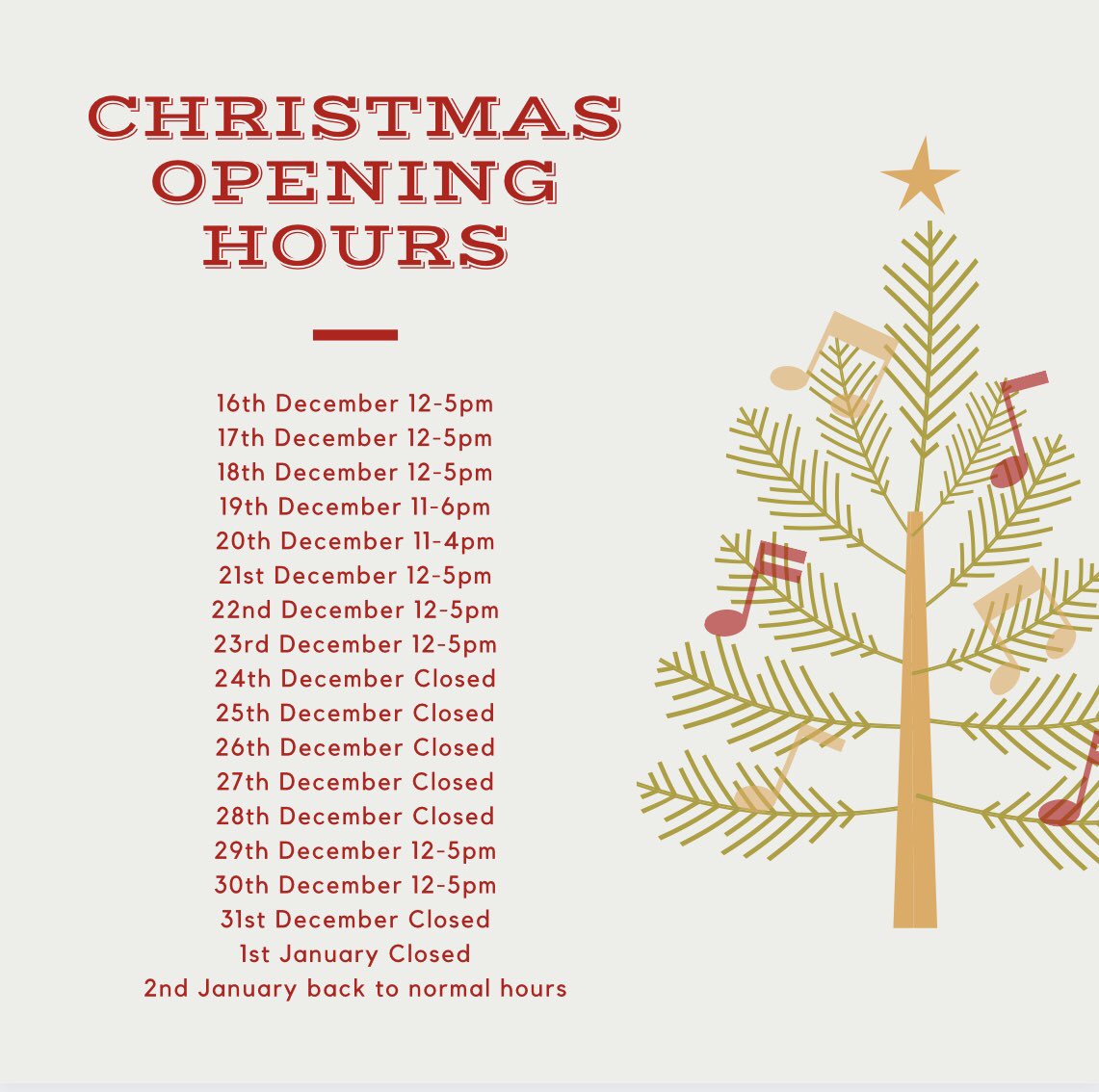 Here are our opening times from now till January 🎄🎅🏽🛍