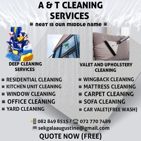 AUGUSTINESPACE's tweet photo. A &amp; T CLEANING SERVICES 
🎉🎉SPRING CLEANING SPECIAL 🎉🎉
GET 10 % OFF ANY OF THE LISTED BELOW 
We offer
◾RESIDENTIAL CLEANING 
◾COMMERCIAL OFFICE CLEANING 
◾RESIDENTIAL WINDOW CLEANING 
◾VALET 
GET YOUR QUOTE NOW ☎️
082 849 8515 / 072 770 7489
sekgalaaugustine@gmail.com https://t.co/NoGwv2tBC8
