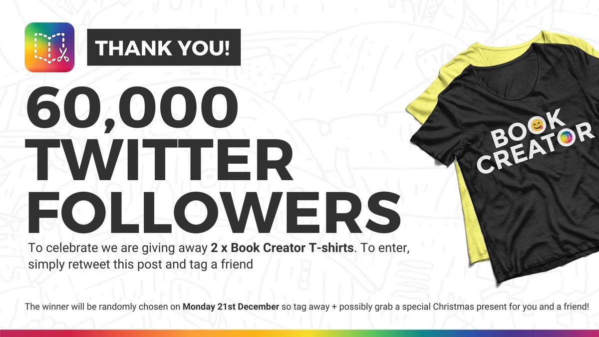 🥳 A HUGE thank you to every single one of you for supporting us over the years!

We love reading all your tweets about how you use Book Creator to #bringcreativity to your classrooms 🌈

➡️ Enter our giveaway to win 2 x Book Creator T-shirts - simply retweet + tag a friend 🎊🤗
