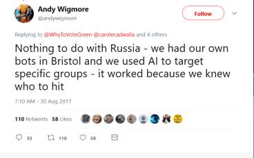 She is a Director of Big Data Dolphin, a big data company that former Brittany Keiser told the UK Parliament Bad Boys Arron Banks and Andy Wigmore set up after meeting Cambridge Analytica.Hence this from Andy Wigmore