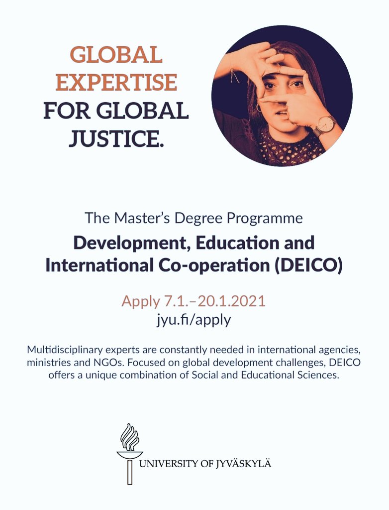 BonnJuego's tweet photo. Learn with us @DEICOJyU at the innovative University of Jyväskylä @uniofjyvaskyla in central #Finland.

#DEICO international master's program combines knowledge in #DevelopmentStudies &amp; #EducationalSciences with a sense of justice, equity, sustainability, wisdom and well-being. https://t.co/dRwBBtmwUB