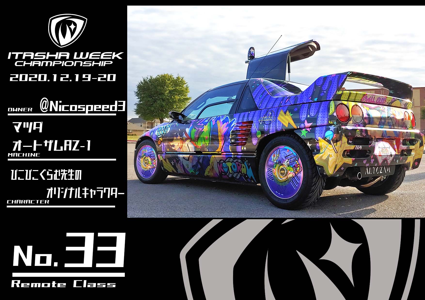 Itasha Week公式 Pr クロムメタリック痛車はカッコイイ Az 1とぴこぴこぐらむ先生のイラストはかわいいです だから このテーマ決めた 太陽のリフレクションは眩しい みなさんがリアルで見て欲しいです よろしくお願いします Iwcsリモート