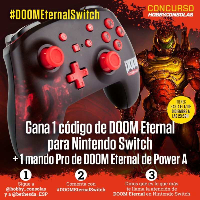 hobby_consolas's tweet photo. ¡Sorteamos un código de DOOM Eternal + mando de @PowerA para Nintendo Switch!

- Sigue a @bethesda_ESP y @hobby_consolas 
- RT
- Dinos con #DOOMEternalSwitch qué es lo que más te llama la atención de DOOM Eternal en Nintendo Switch
⏰ ¡Termina HOY! BBLL: https://t.co/AVtg8Rg1rn https://t.co/kz2jf2GHGg