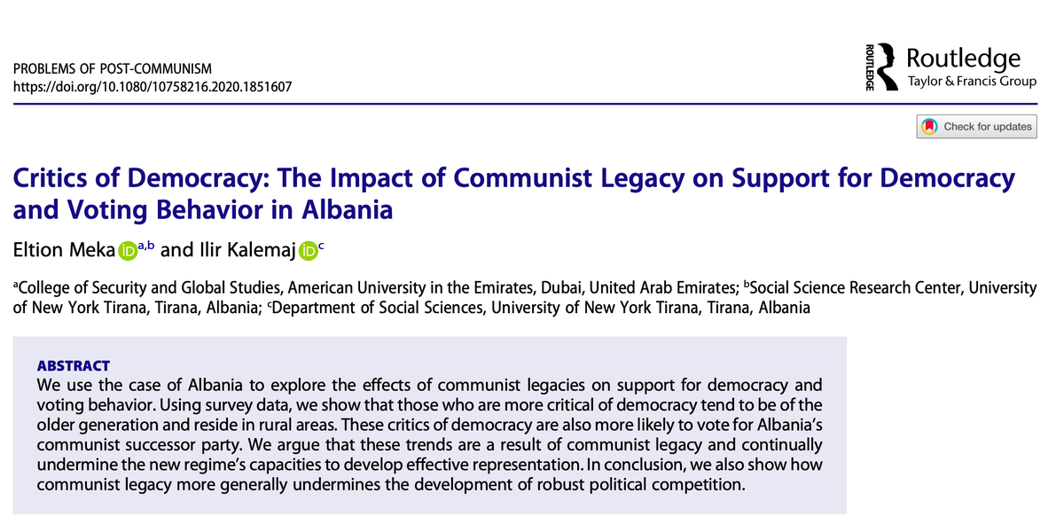 MekaEltion's tweet photo. Very happy to share my latest article published by Problems of Post-Communism. We (@IlirKalemaj) explore the impact of communist legacy in Albania and its effects on views toward democracy and partisan support.

#academia #communism #peerreviewed #democracy #legacies https://t.co/Q93WRY6n83