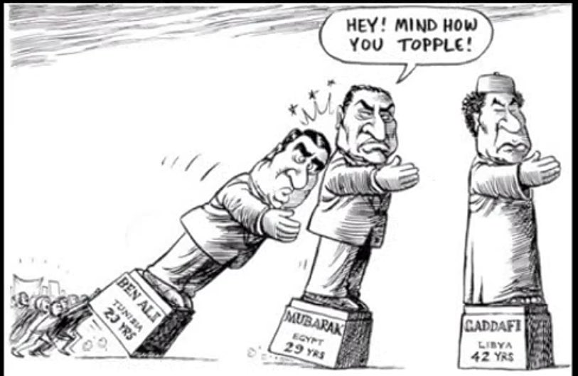 2/ Domino effect: Ben Ali’s fall shook MENA because many could relate to Bouazizi’s despair, but also because Tunisia was seen as one of the most stable countries. Protests erupted in Cairo (Jan.25), Sanaa (Jan.27), Manama (Feb.14), Benghazi (Feb.15), and throughout the region.