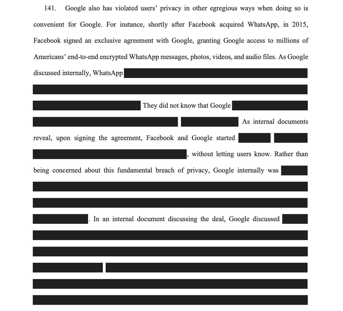 johnnyryan's tweet photo. Para 141 of Texas AG filing against Google &amp; Facebook is incredible: Facebook gave Google access to people's end-to-end encrypted WhatsApp messages, photos, videos, and audio files. 
I want to see the text of that deal. Was it in US only, or EU too? https://t.co/RZle0sjyuA https://t.co/ObymSe06ly
