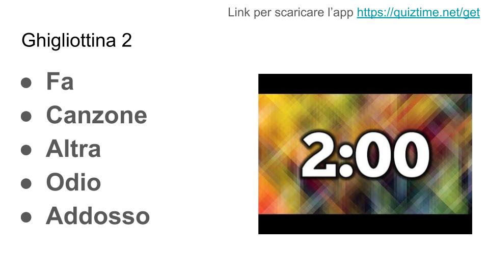 Seconda Ghigliottina. Gli indizi sono FA, CANZONE, ALTRA, ODIO, e ADDOSSO 
sfida i campioni e i ghigliottinisti d’Italia e prova ad indovinare la soluzione!
#NLProc #evalita2020 #ghigliottina #ghigliottinaAI #leredita #ereditiers <a href="/NlpUnior/">UNIOR NLP Research Group</a> <a href="/QuizTimeGame/">Ghigliottiniamo</a>